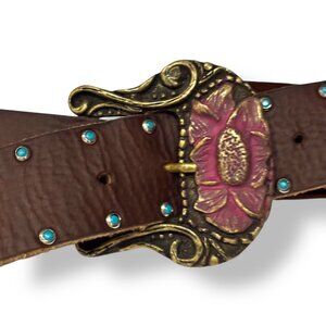 LEATHEROCK Flower Buckle Turquoise Studded Leather Belt L Western Boho Stud USA